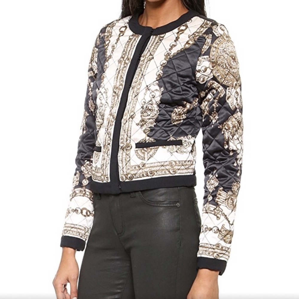 MARCHESA Voyage Notte Silk Scarf Quilted Bomber Jacket Blazer - Picture 3 of 8